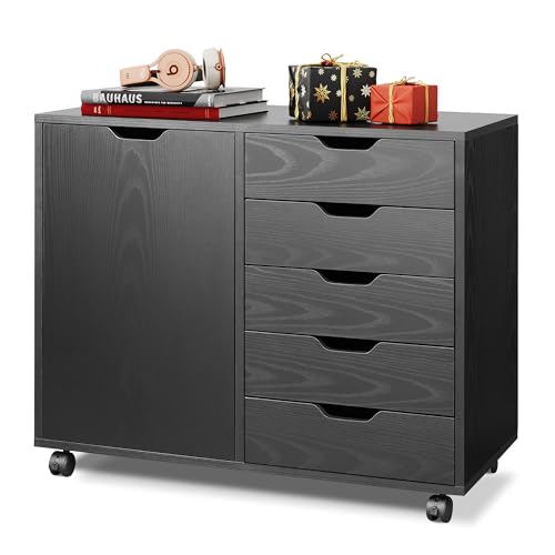 Devaise 5-Drawer Wood Dresser Chest With Door, Mobile Storage Cabinet, Printer Stand For Home Office, Black