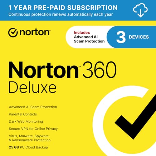 Norton 360 Deluxe 2025, Antivirus Software For 3 Devices With Auto-Renewal – Includes Advanced Ai Scam Protection, Vpn, Dark Web Monitoring & Pc Cloud Backup [Download]
