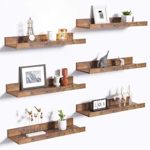 Upsimples Floating Shelves For Wall, Wall Shelves For Decor Storage Set Of 6, Wall Mounted Wood Shelves For Bedroom, Living Room, Bathroom, Kitchen, Picture Ledge Shelves, Brown