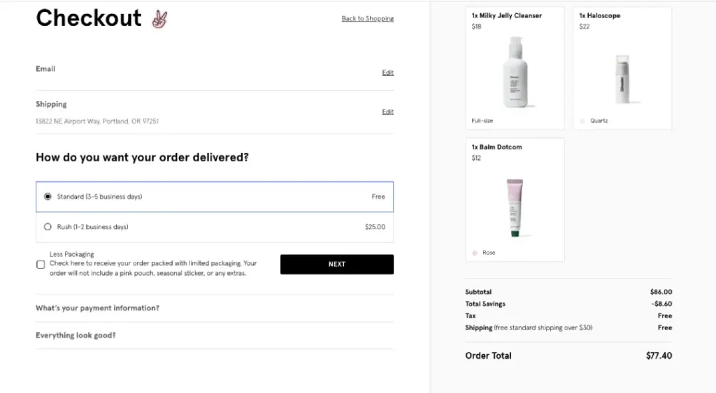 Glossier Mobile Checkout Screen
