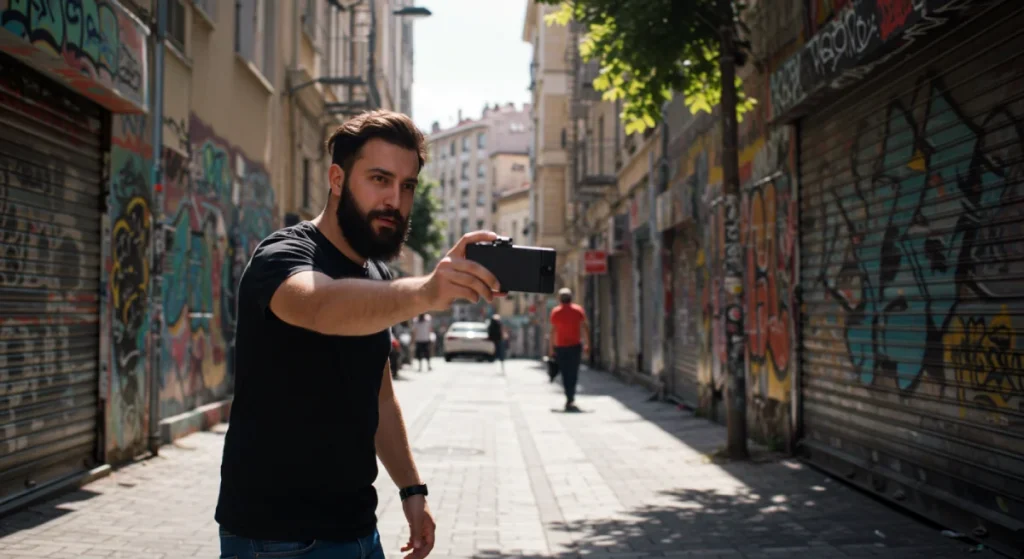 Man Recording A Video For Instagram In The Street