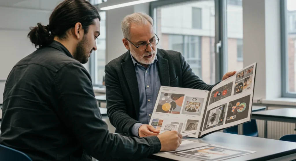 Student Presenting A Design Portfolio To A University Professor